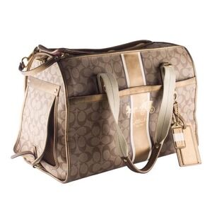 Flawed Gem! Coach Signature Heritage Stripe Pet Carrier Khaki Gold‎ Metallic Bag